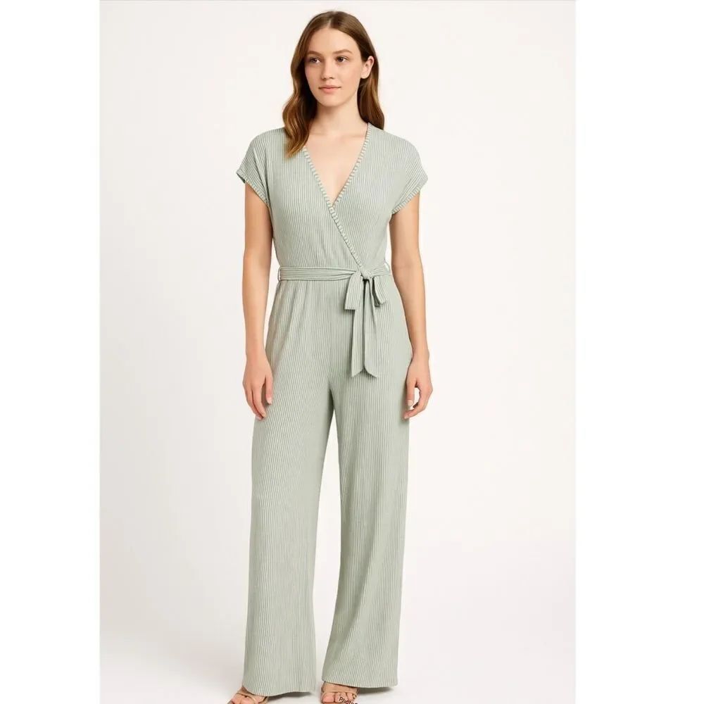 Caution To The Wind Striped V-Neck Wrap Front Knit Sage Green Jumpsuit